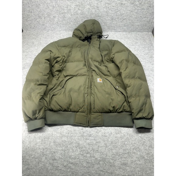 Carhartt Men's Puffer Jacket‎ Size Large Hoodie Tall Army Green Down Feather Zip - Picture 1 of 16